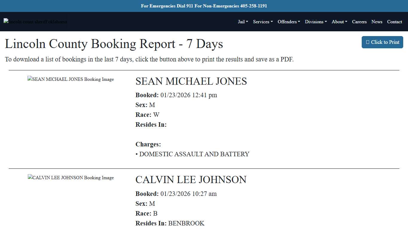 7 Day Booking Report Lincoln County Sheriff's Office